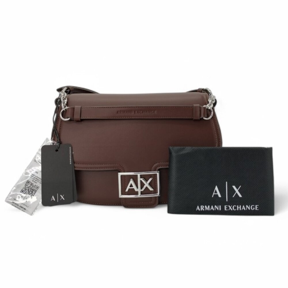 A|X Armani Exchange Brown Shoulder with Chain Accents Saddle Bag + Dust Bag